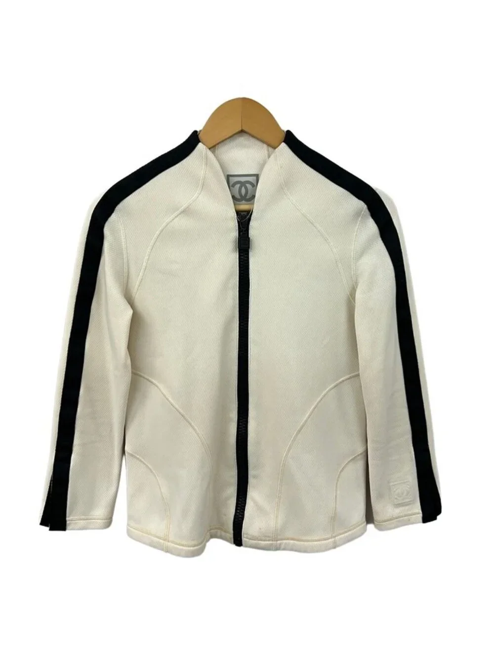 Chanel Jacket 38 M Ivory Black Zip Up Sports Line